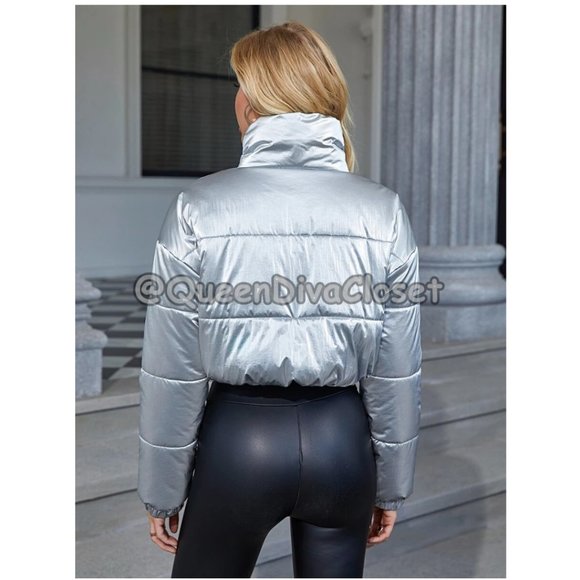 New Silver Drop Shoulder Crop Puffer Coat Jacket M 6-8, 10 - Picture 3 of 8